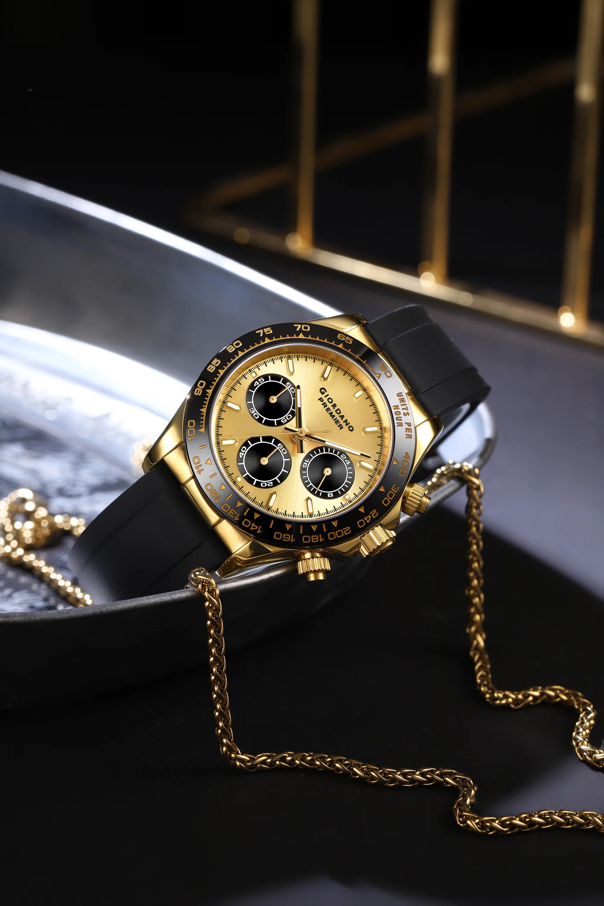 Giordano Premier Chronograph Analog Quartz Watch for Men with Gold Round Sunray Dial, Three Sub-Dials, Baton Hour Markers and Black Silicone Strap - GZ-50241-03 - Image 3