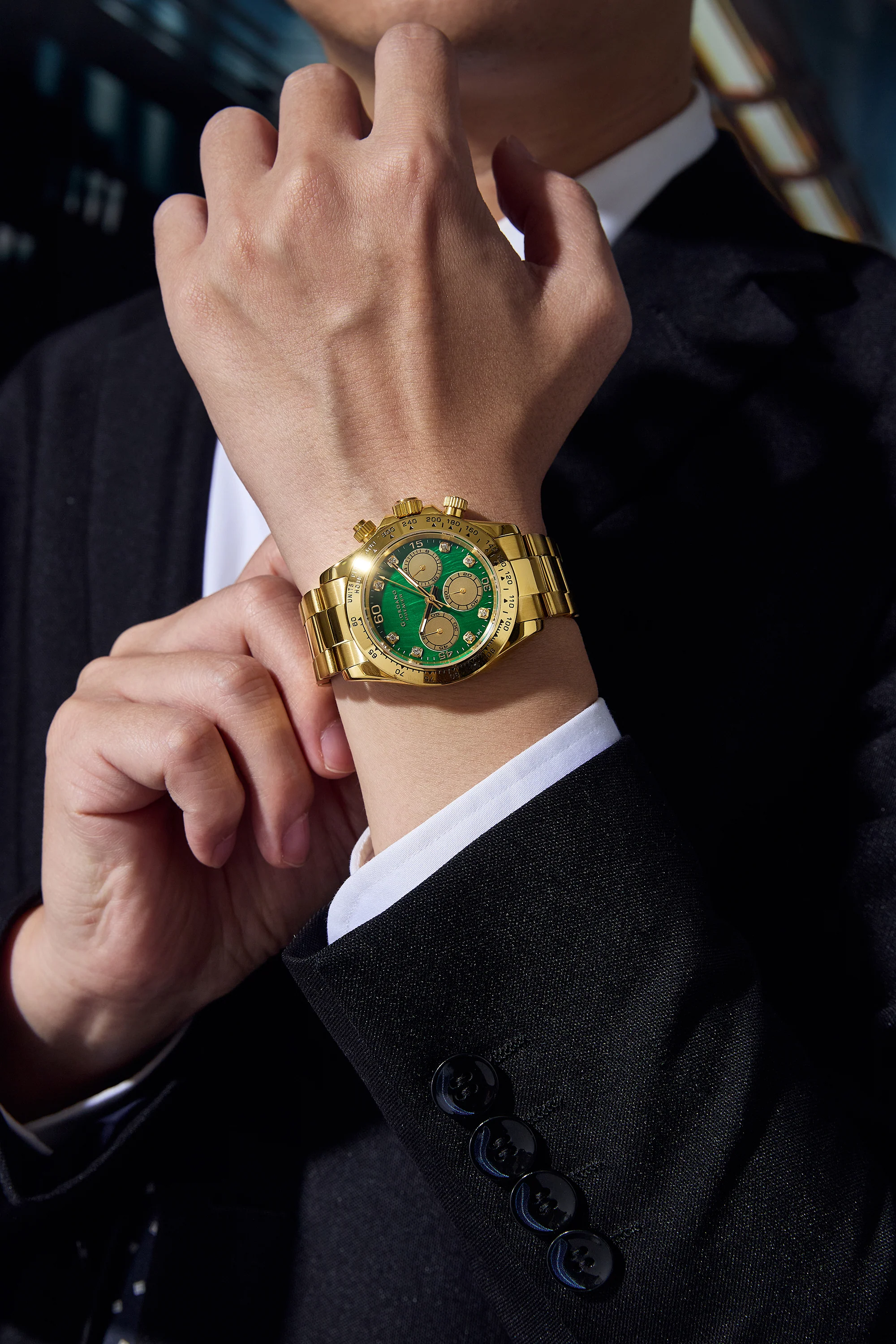 Giordano Premier Chronograph Analog Quartz Watch for Men with Green Round Sunray Dial, Three Sub-Dials, Crystal-Studded Hour Markers and Gold Stainless Steel Strap - GZ-50242-03