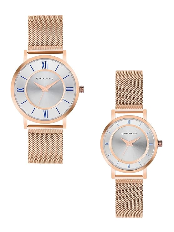 Giordano Rose Gold Analog Stylish Watch for Couple with Stylish dial with Roman Indicess and mesh Metal Strap GD-1172-SETA-11 - Image 3