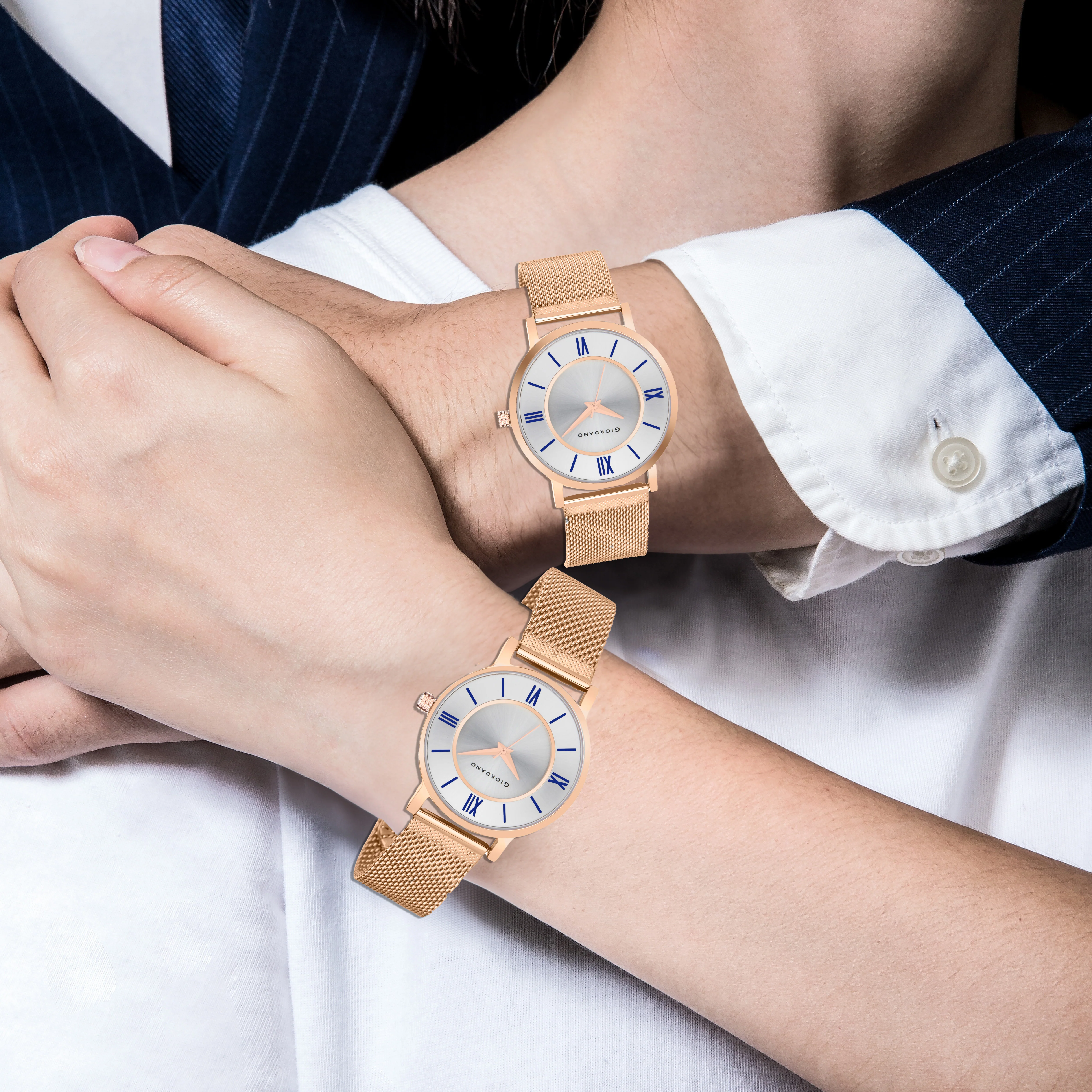 Giordano Rose Gold Analog Stylish Watch for Couple with Stylish dial with Roman Indicess and mesh Metal Strap GD-1172-SETA-11 - Image 4