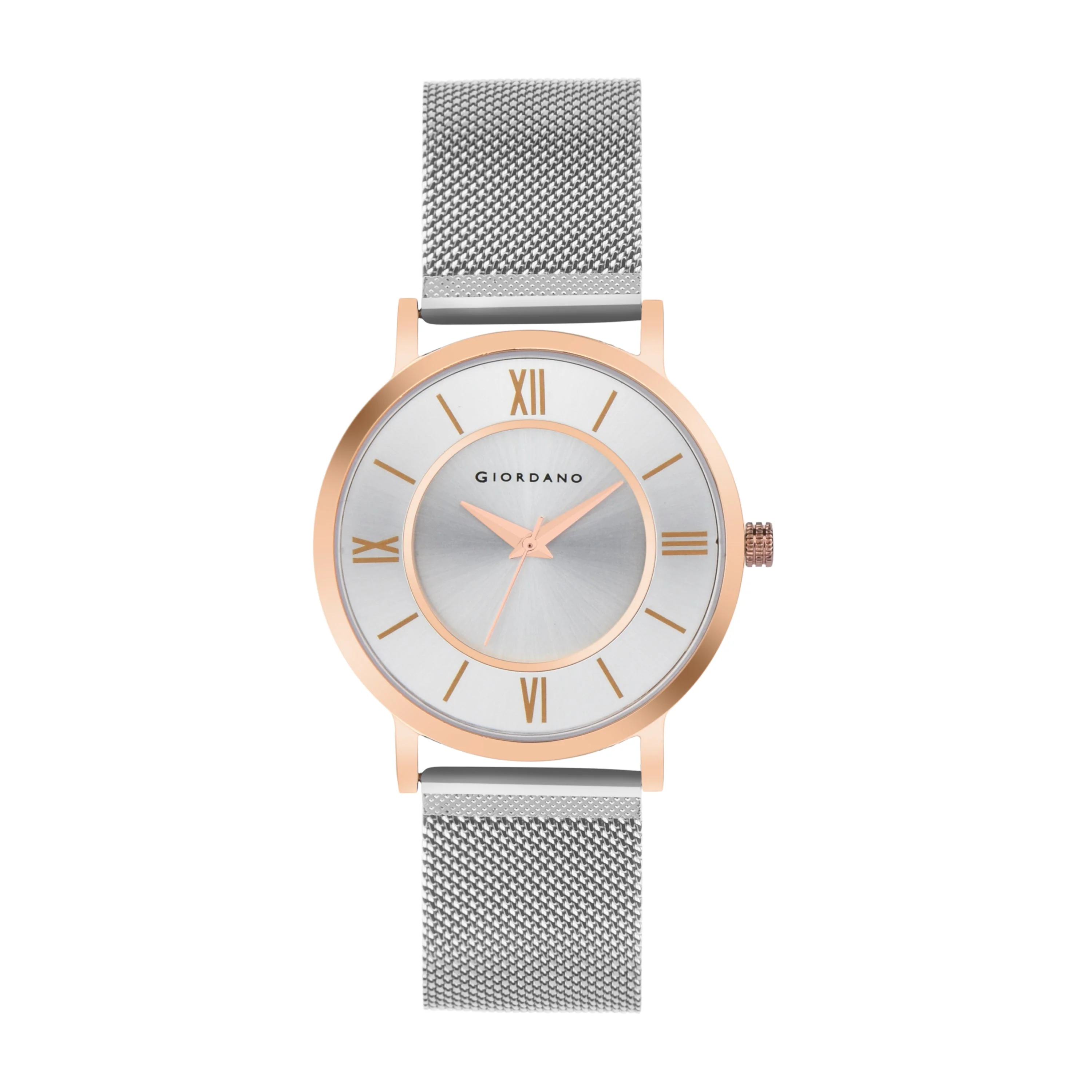 Giordano Rose Gold Analog Stylish Watch for Couple with Stylish dial with Roman Indicess and mesh Metal Strap GD-1172-SETA-77