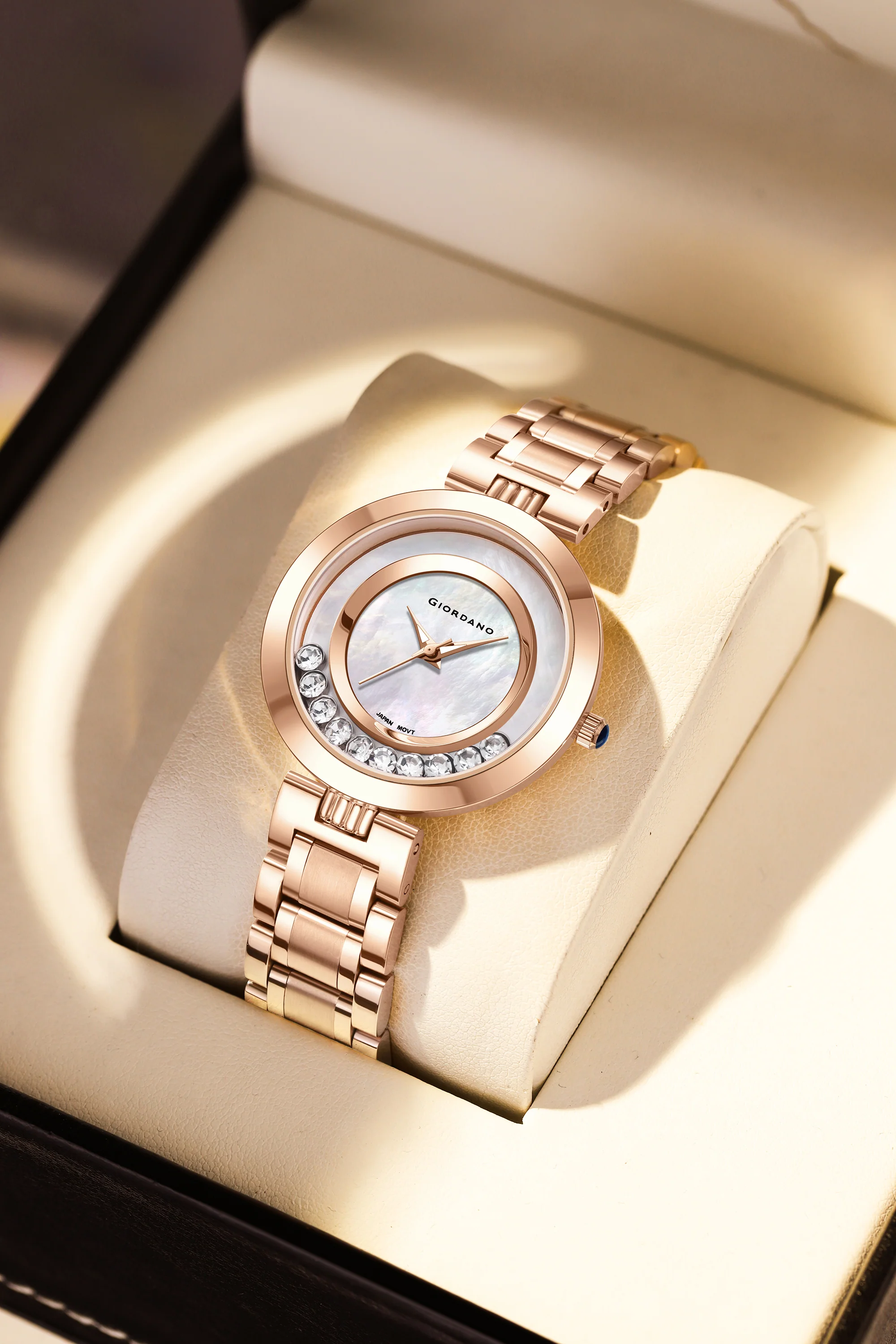 Giordano Rose Gold Dancing Diamonds Collection Analogue Watch for Women with Elegant Stainless Steel Strap and 3 Hand Mechanism GZ-60083-55 - Image 3