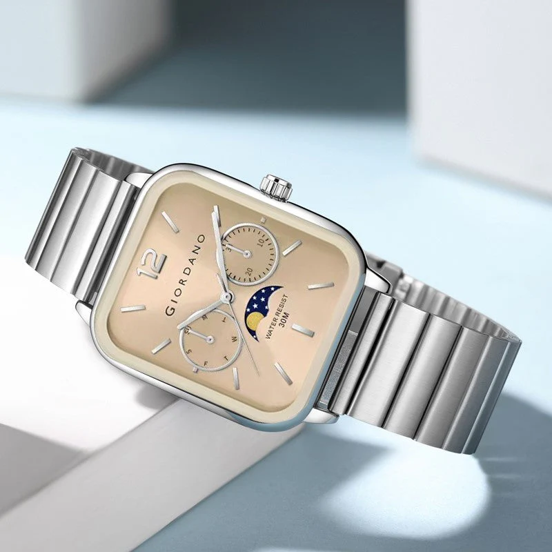 Giordano Silver Classic Square Analog Watch for Men with Moon Phase Display and Stainless Steel Strap GZ-50117-44