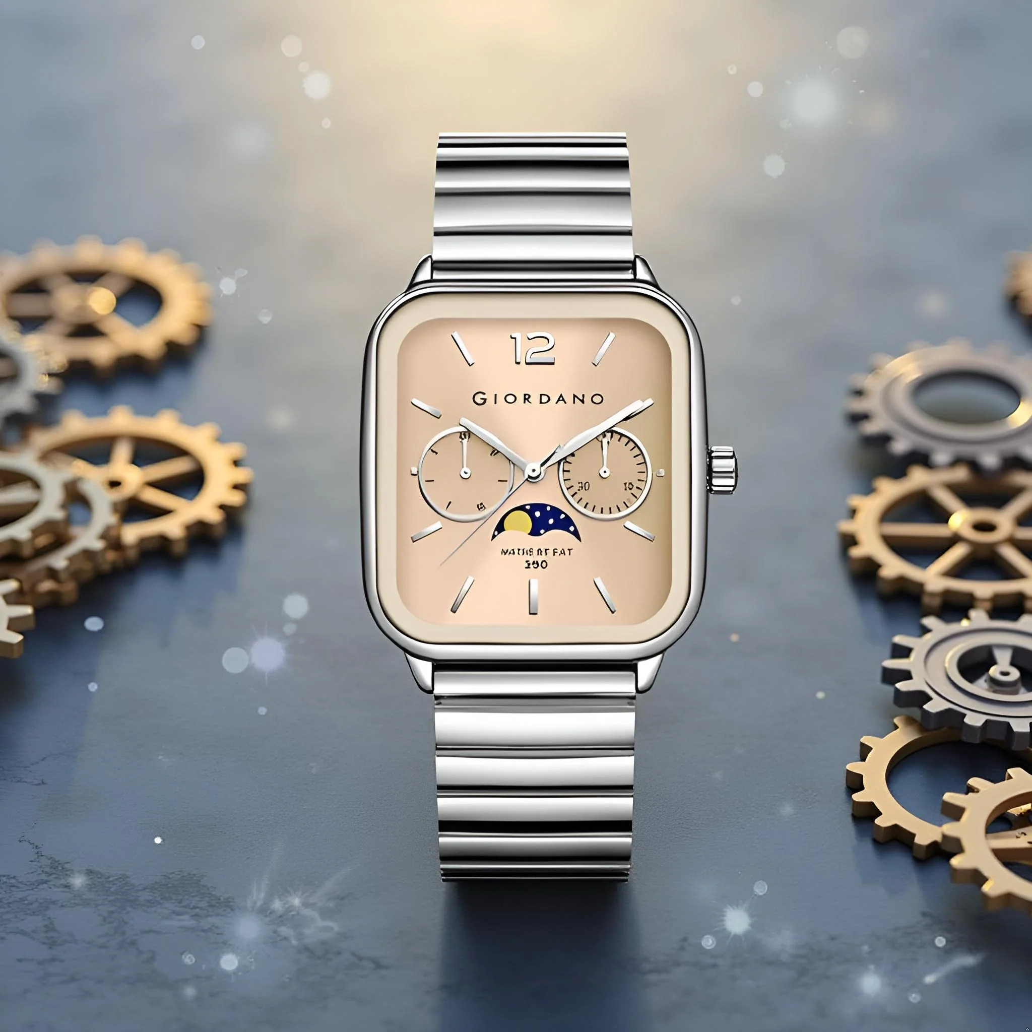 Giordano Silver Classic Square Analog Watch for Men with Moon Phase Display and Stainless Steel Strap GZ-50117-44 - Image 3