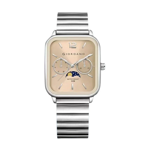 Giordano Silver Classic Square Analog Watch for Men with Moon Phase Display and Stainless Steel Strap GZ-50117-44 - Image 4