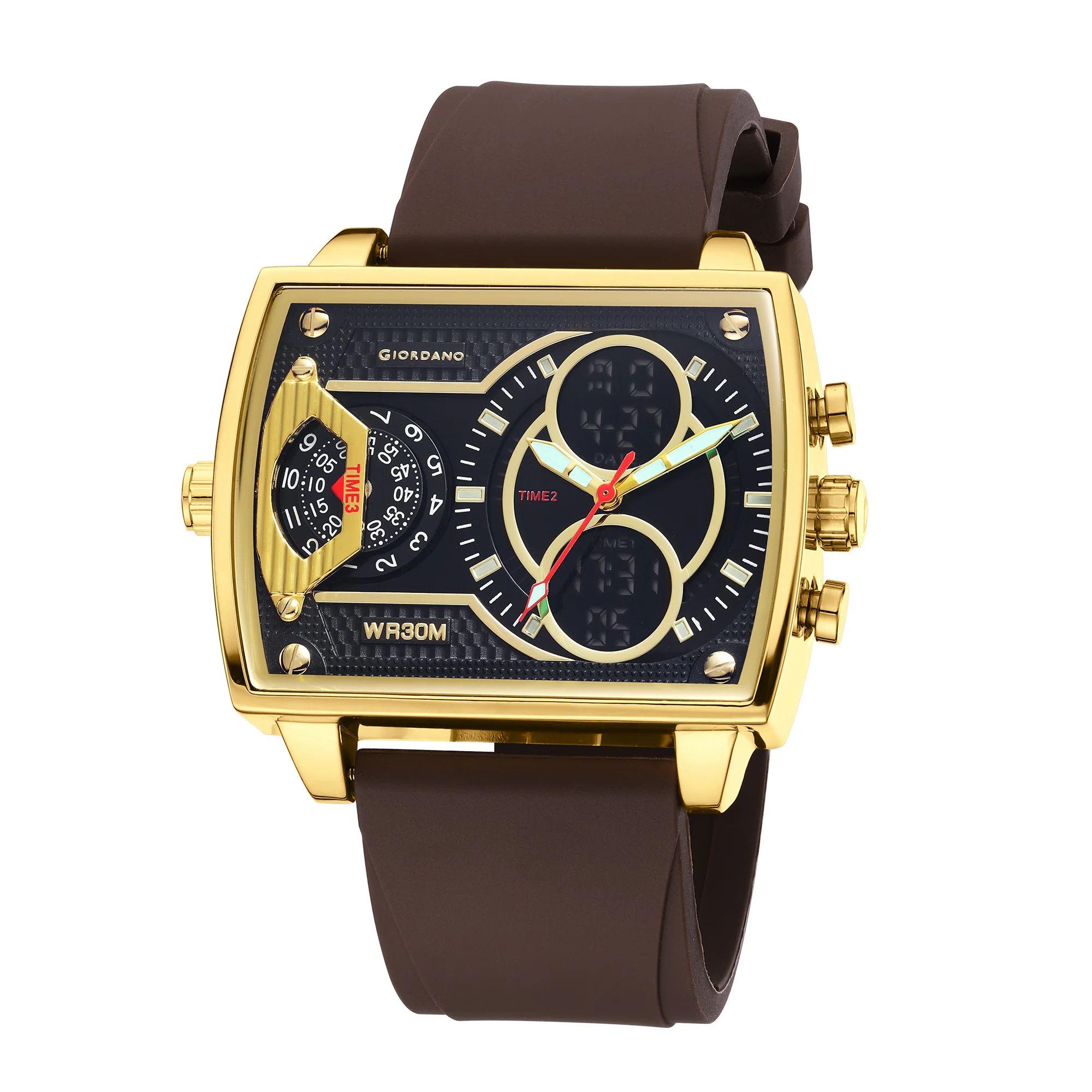 Giordano Square Hybrid Analog-Digital Watch for Men – Triple Time Zone Display with Quartz Precision & Durable Sport Grade Silicone Strap GZ-50161-03 - Image 5